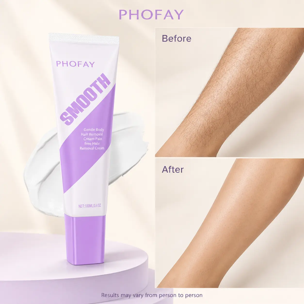 PHOFAY Smooth Gentle Body Hair Removal Cream, Depilatory Cream with Glycerin, Urea and Aloe Leaf Water for Soft-Feeling Skin, At-Home Body Hair Removal, 3.4 fl oz