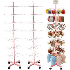 2 Pcs 7‑Tier Retail Display Stand – Rotating Display Rack with Wheels for Jewelry Keychains Socks Hats – Movable Shop Spinner for Craft Shows Vendor Events & Stores Accessories, Pink