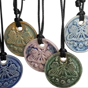 Moth Cycles of The Moon Cottagecore Ceramic Wax Seal Pendant Hippie Whimsical Choker Adjustable Cord Necklace Clay Charms Celestial