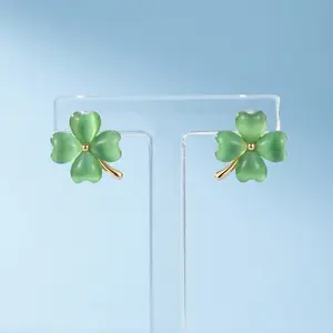 Stylish Four-Leaf Clover Earrings for Women Girls All Ages Gold-Tone Plated Stainless Steel Studs 8.4mm x 12.5mm Lucky Charm Jewelry