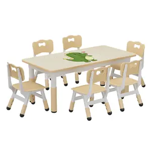 GARVEE Adjustable Height Table and 6 Chair Set with Graffiti Desktop, Non-Slip Legs, Suitable for Ages 2-10, Ideal for Daycare, Classroom, and Home Use