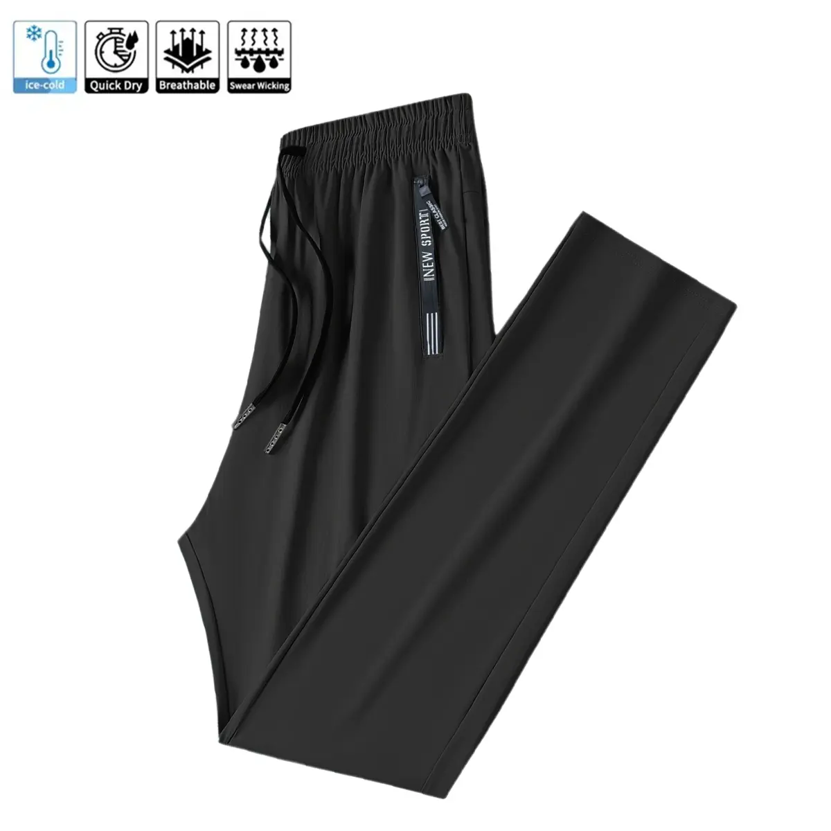 Men’s moisture-wicking, breathable athletic long pants with pockets and a drawstring, featuring zip details; soft, comfortable, skin-friendly fabric; lightweight and durable; classic solid-color, versatile men’s ice silk long pants.