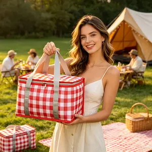Red And White Checkered Tote Bag, with a Portable Hand-Held Design, Suitable for Camping, Beach Outings, Outdoor Gatherings And Other Scenarios, Foldable Storage Does Not Take Up Space Non-Food Direct Contact