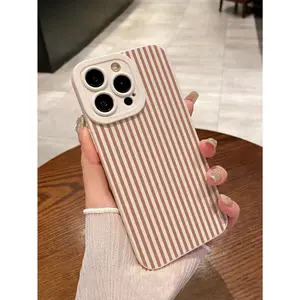 Precise hole brown striped shockproof phone case, compatible with iPhone 11/12/13/14/15/16/17. The striped pattern is colorful, making it a suitable Christmas gift for friends, family, or yourself.