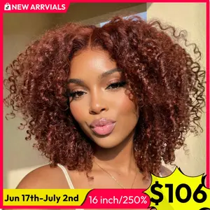 UNice 250% Density Reddish Brown Fluffy Layer Kinky Curly with Burmese Curly Ends Wig No Slip Glueless Pre-cut 7x5 HD Lace Closure Human Hair Wigs with Layer Finger Coil Ends 16inch Beginners Friendly Natural Looking summer wig