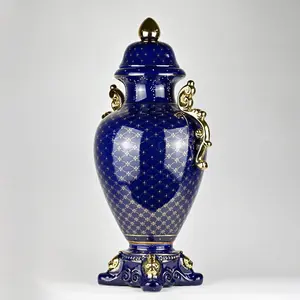 Cobalt Blue Porcelain Vase | Gold Accents Decorative Urn | Luxury Home Decor Statement Piece | Elegant Classic Ceramic Vase