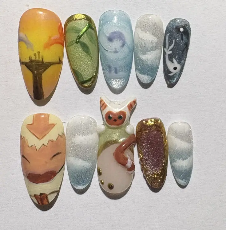 Avatary Inspired Press On Nails Handmade Aanga Momo 3D Four Nations Anime Reusable Fake Nails | FREE Adhesive Tabs FREE Nail File FREE Cuticle Stick