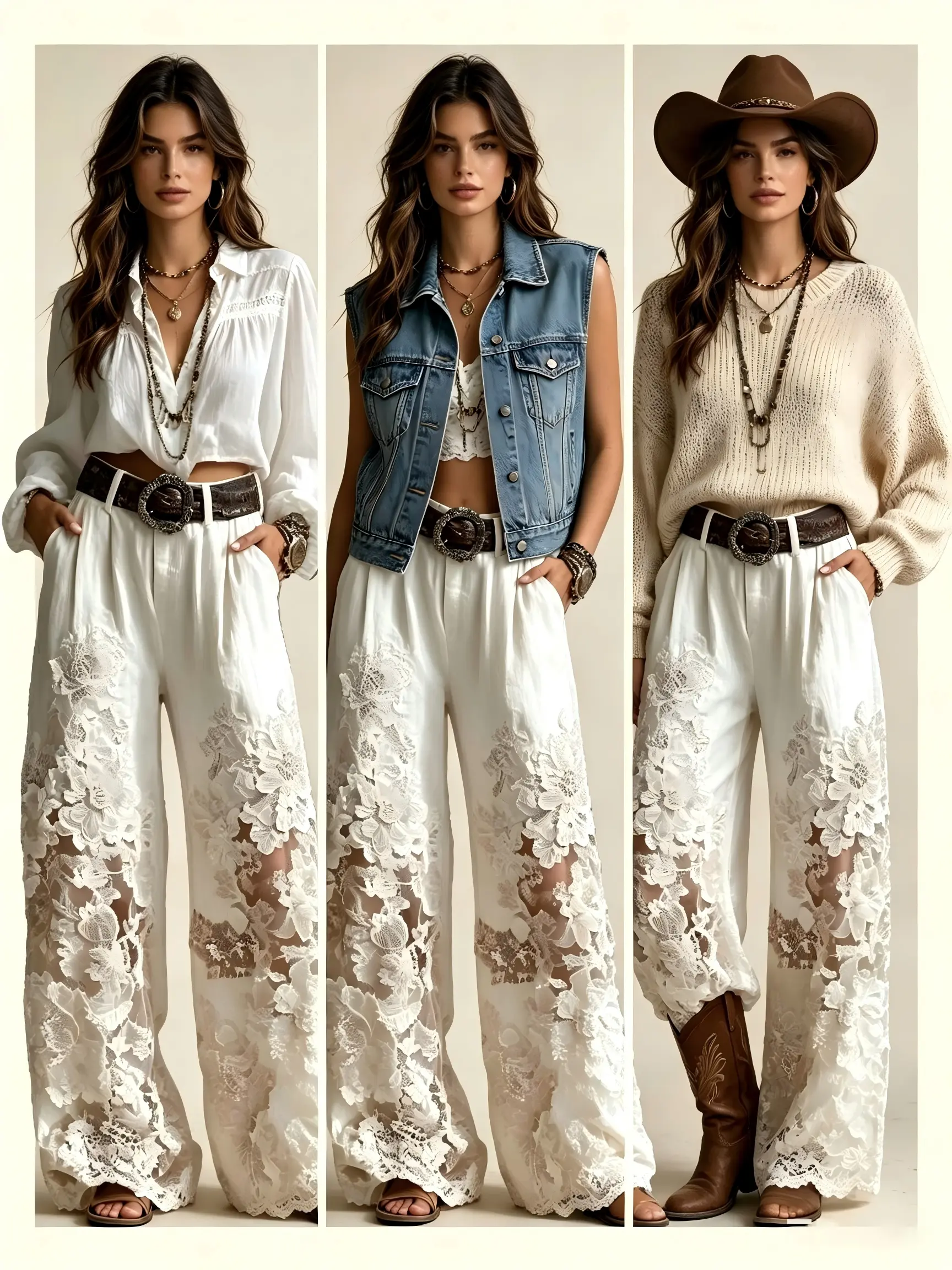 Women White Lace Wide Leg Pants Boho High Waist Pocket Trousers Vintage Hollow Floral Embroidery Casual Loose Flared Pants Beach Vacation Bottoms