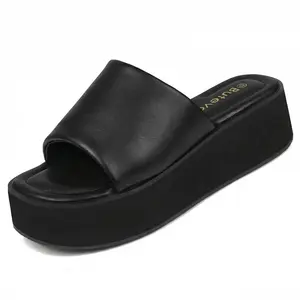BUTEVAR Sandals For Summer-Chunky Platform Sandals for Women-Comfort Black Open Toe Slip On Wedge Slides Y2K Casual Footwear - Walking Shoes