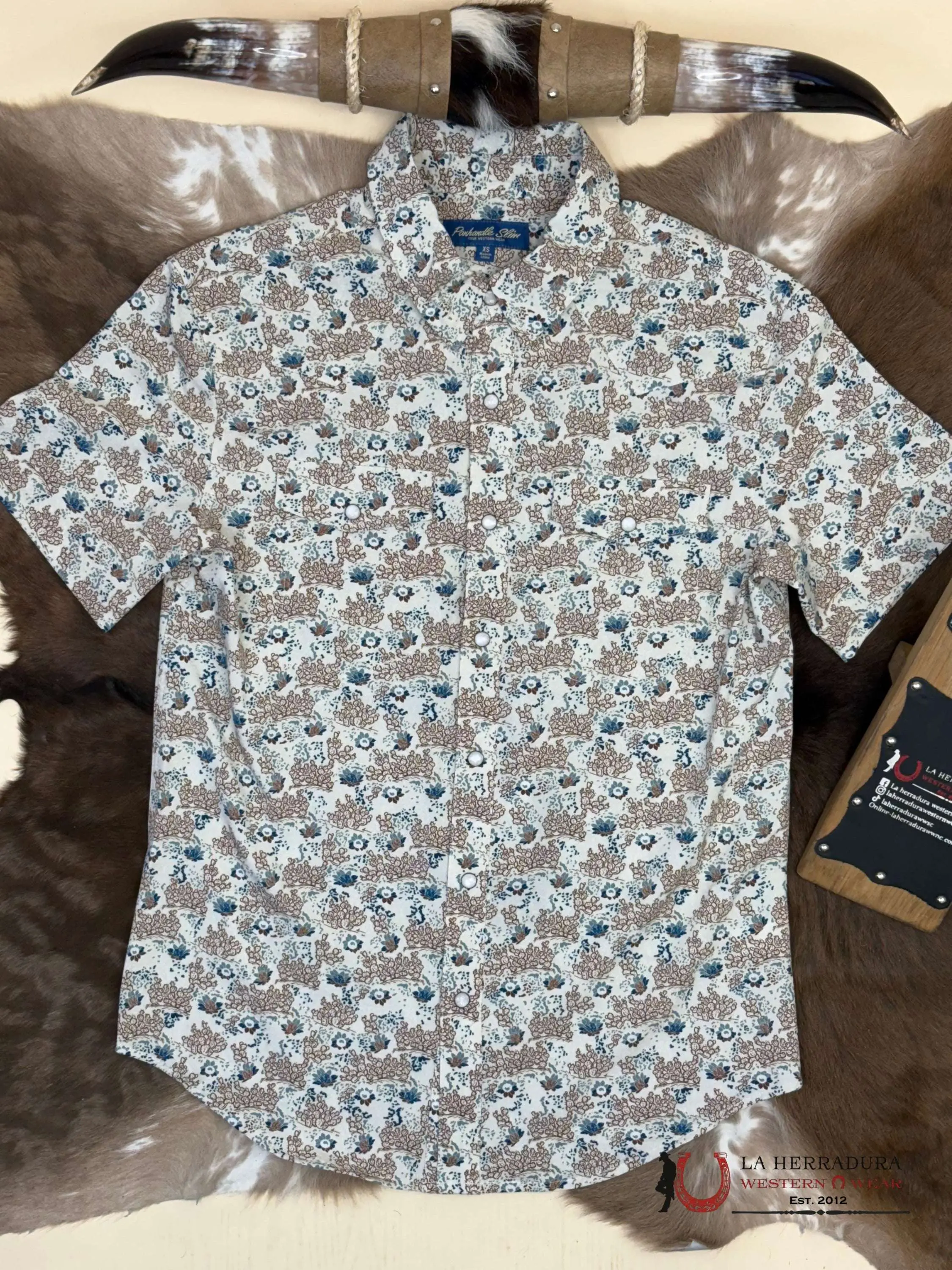 PANHANDLE NATURAL BEIGE WITH FLORAL BLUE PRINT SHORT SLEEVE SHIRT MEN - TMN3S05716