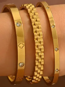 3pcs Elegant Luxury Zircon Stainless Steel High Quality Bracelet Set, 18k Gold Plated Mirror Polished, Waterproof, Women's Jewelry Gift