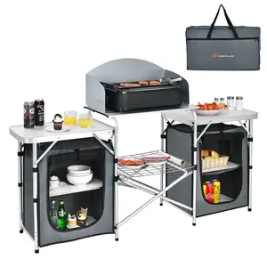 Costway Folding Portable Aluminum Camping Grill Table W/ Storage Organizer Windscreen Grey Costway