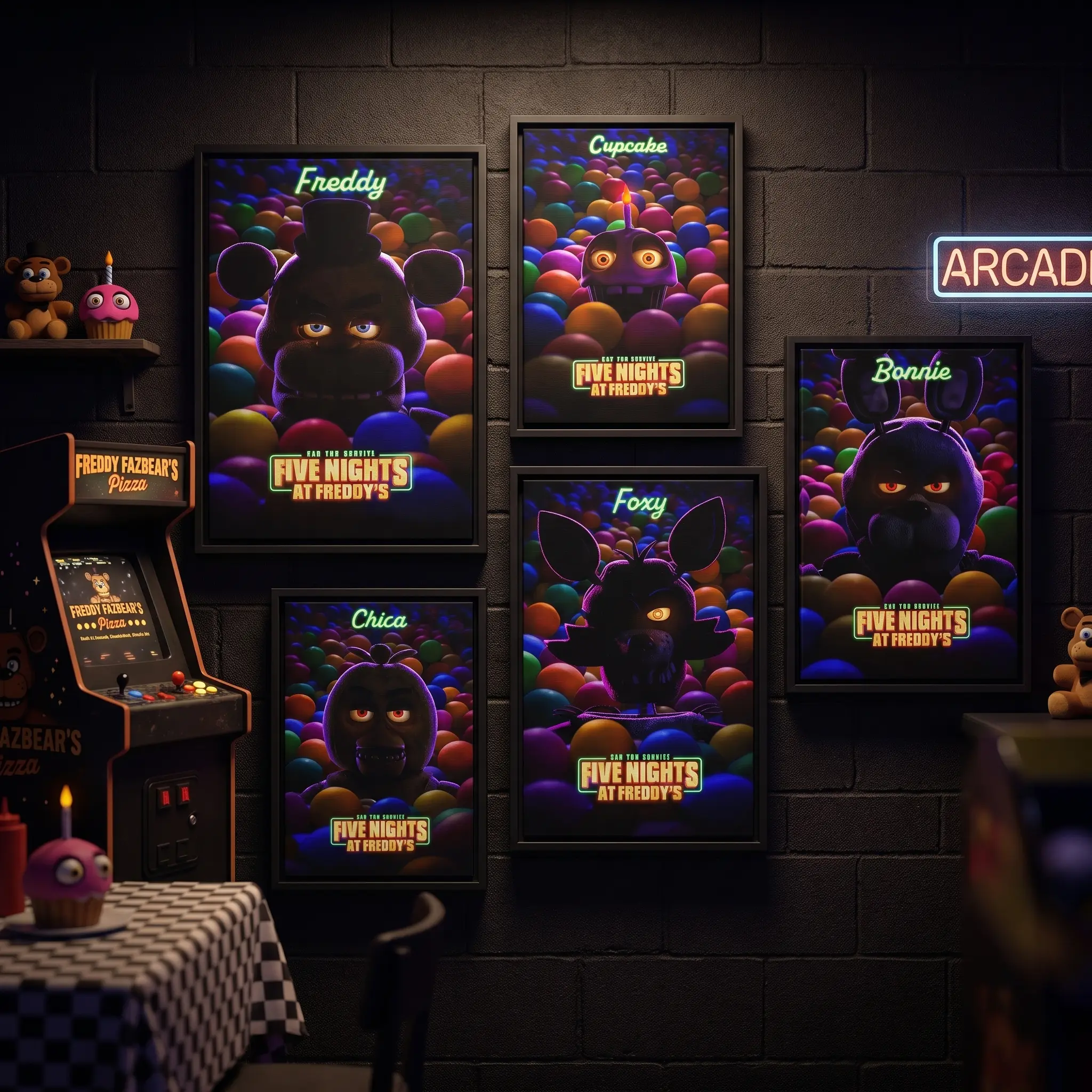 Vintage Horror Game Neon Canvas Wall Art, Five Nights at Freddy's Freddy Bonnie Foxy Chica Cupcake Poster Set, Video Game Themed Room Decor for Kids Bedroom Man Cave, Unique Gift for FNAF Lovers print home anime dorm room poster canvas print