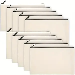 Blank Canvas Zipper Pouch, 10pcs/set Bulk Makeup Bag, Pencil Case for Cosmetic & DIY Crafts, Office Stationery & Supplies