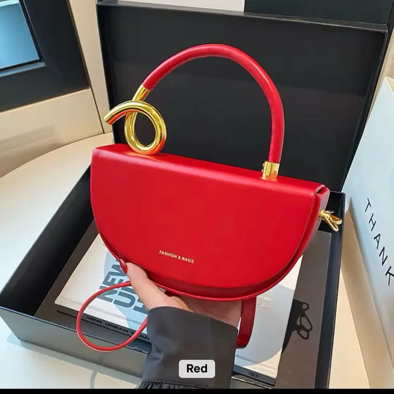 Women's Vintage PU Leather Orange Half Moon Crossbody Purse - Gold Accent, Adjustable Strap, Basic Casual Everyday Handbag, Purses Crossbody Bag, Chic