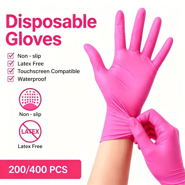 Disposable Rose Pink Nitrile Cleaning Gloves, 4 Mil Thick, Elastic, 400/200 Pcs, S/M/L Sizes, Suitable for Household Cleaning, Tattooing