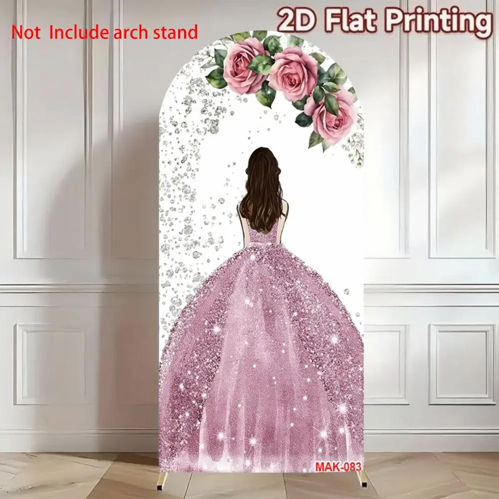 Pink Glitter Princess Floral Arch Backdrop for Quinceanera Birthday Party, Bridal Shower Wedding Party Backdrop Background Decor Decoration Double-Sided Spandex Fabric