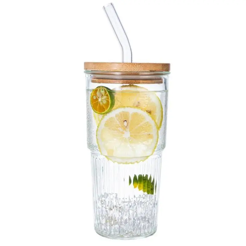 20oz Glass Tumbler with Straw & Wooden Lid (1 Set), Clear Vertical Pattern Glass Tumbler, Drinking Cup for Home Office Use