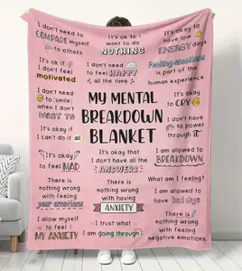 My Mental Breakdown Blanket Pink Affirmations Flannel Throw Blanket for Self Care Fleece Plush Cozy Nap Blanket for Couch Sofa Bed Aesthetic Room Decor Funny Mental Health Gift for Women Teens Birthday Christmas All-Season Lightweight Soft Warm
