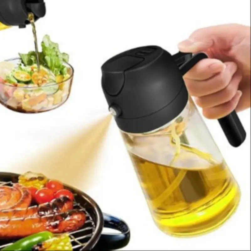 Multifunctional Cooking Oil Dispenser Spray Bottle, Kitchen, 450ML Black Glass, 2-In-1 Olive Oil Sprayer with Handle, Pour & Spray Dual-Use, Ideal for Cooki