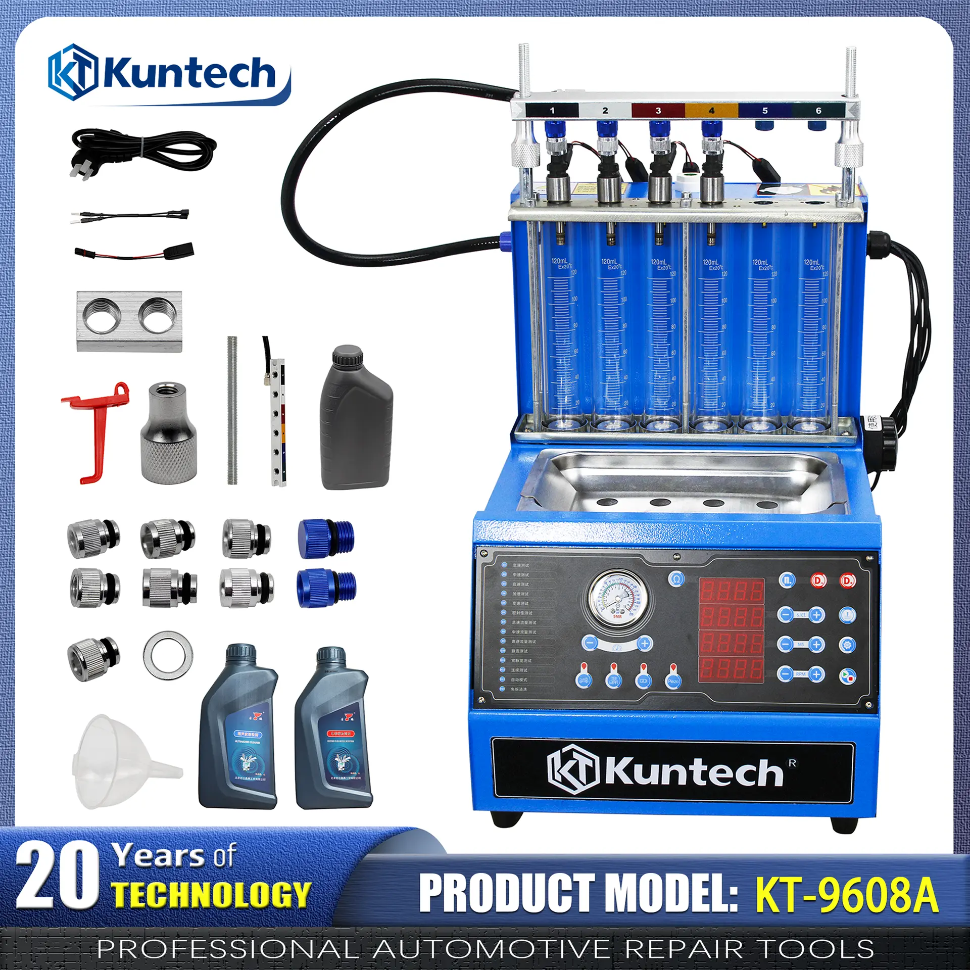 Kuntech KT-9608 High Pressure GDI Fuel Injector Cleaning Detector, Ultrasonic 6-Cylinder Injector Cleaner Tester with 13 Test Modes & Full Adapter Set for Gasoline Direct Injector Repair