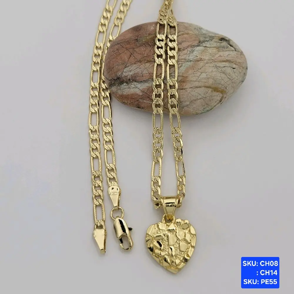 Nugget Heart Pendant Gold Plated,  Chain Figaro link Style Select size 24 & 18 inches 3.5mm wide Gold Plated, SKU: CH08, CH14 SKU: PE55