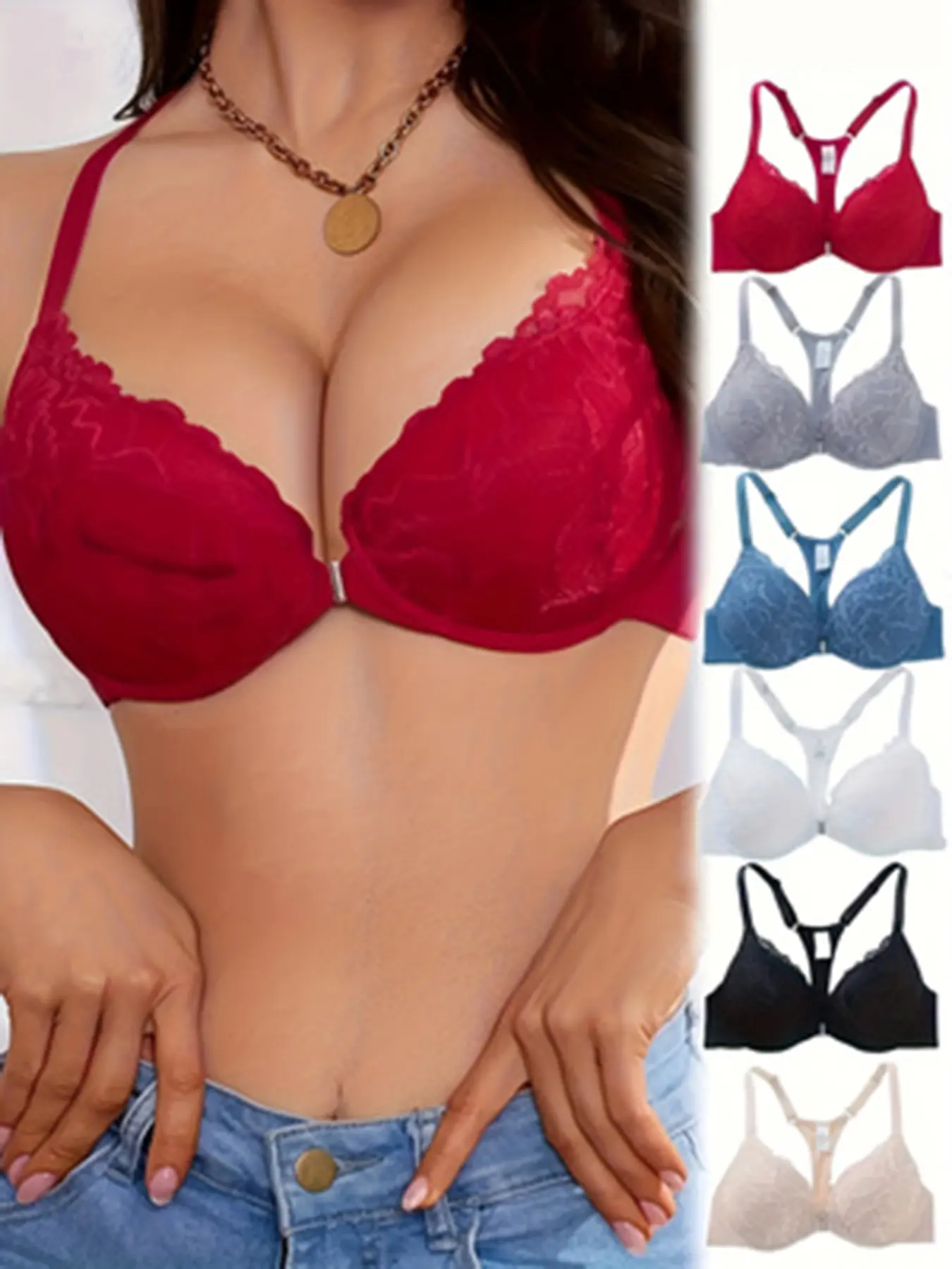 Women’s 3-pack/4-pack/5-pack/6-pack Bohemian basic backless push-up bra — front closure, high support, non-removable pads, wireless, breathable lace, solid color, knit minimalist fabric; comfortable everyday lingerie, ideal gifts for Halloween and Christm