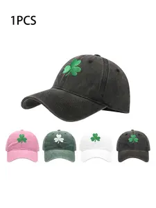 Lucky Clover Embroidered Washed Baseball Hat, St. Patrick's Day Theme Retro Washed Clover Print Cap, Sporty Fitted Style