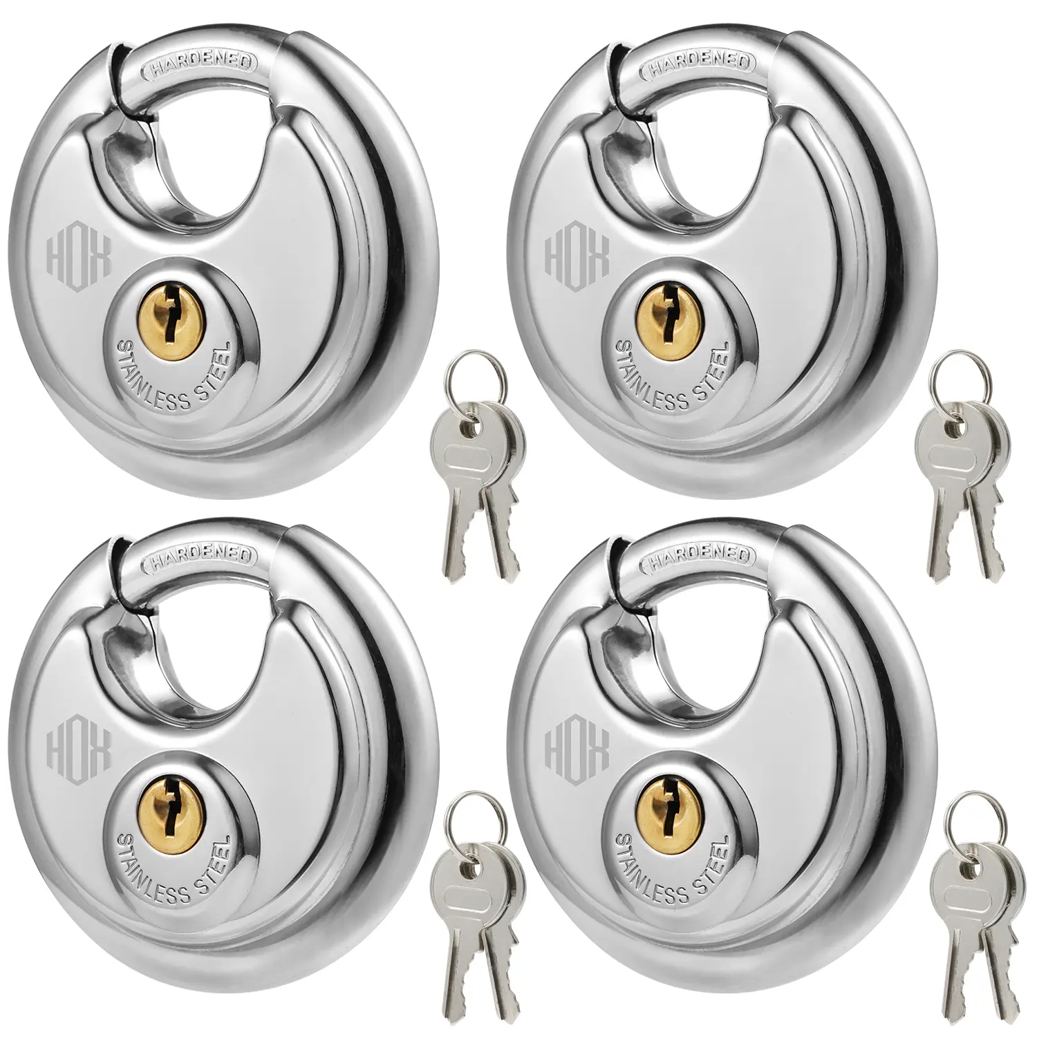 HOX Keyed-Alike Disc Padlock Security Lock - 4 Locks in Set, Hardened Steel Shackle, Corrosion-Resistant Heavy-Duty Waterproof Outdoor Ready (3/8" Shackle Hold, 2-3/4in Wide Body) for Garage, Shed, Fence & Storage Units
