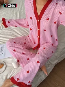 Valentine's Day Elegant Women's Sleepwear Loungewear Set, Heart Pattern V Neck Short Sleeve Top and Long Pants, Lightweight Polyester Homeewear Pajama
