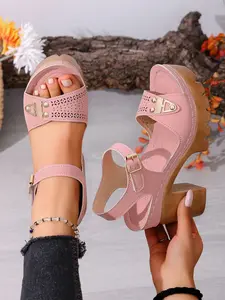 Women's Chunky Heel Waterproof Block Heeled Platform Sandals, Round Toe Back Strap, Vintage Style Commuter Summer Shoes, Casual Textile Rubber Sole
