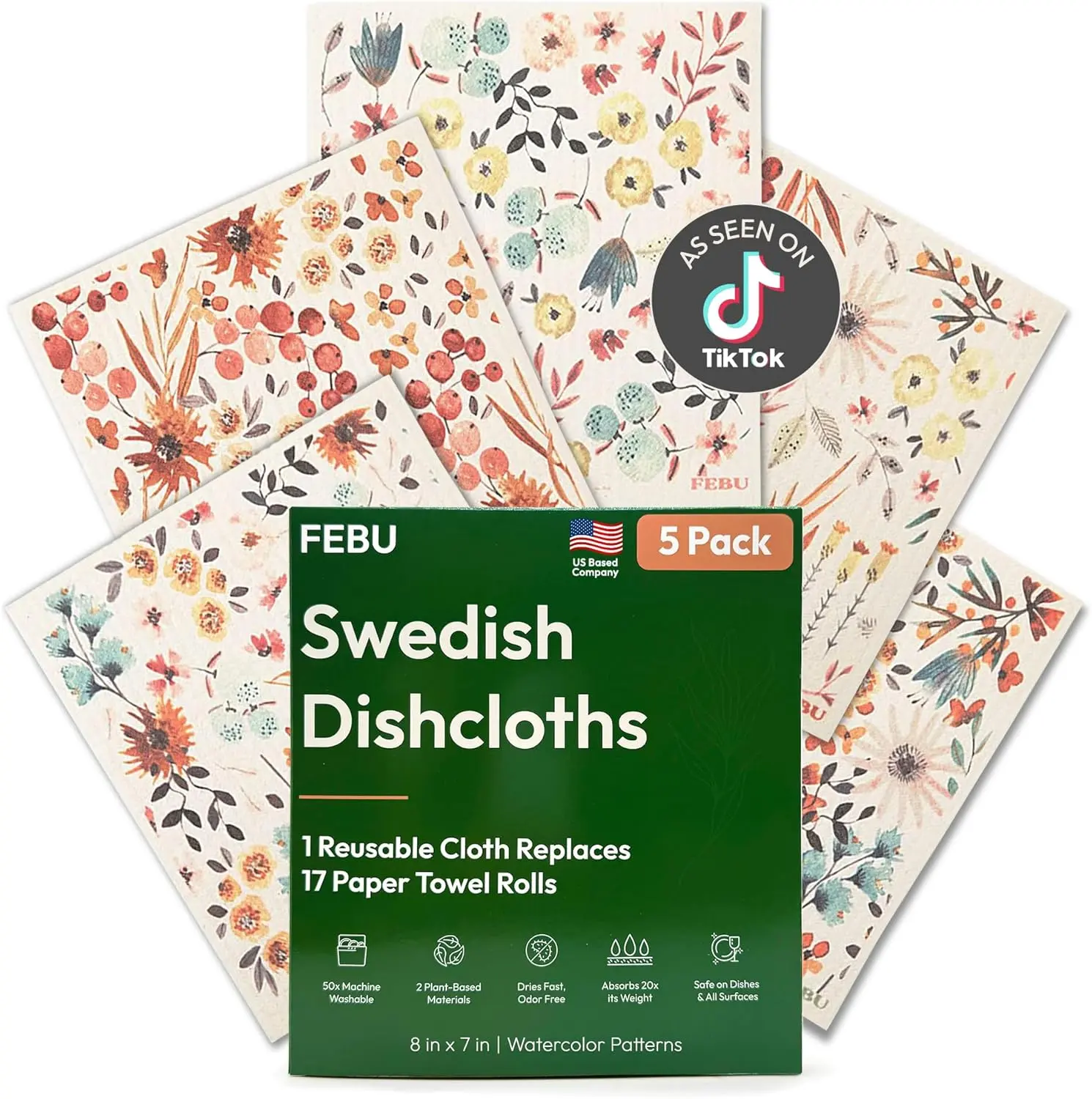 Swedish Dishcloths for Kitchen | 5 Pack Watercolor Reusable Paper Towels Washable | Swedish Dish Towels | Non-Scratch Cellulose Sponge Cloths | No Odor, Biodegradable Cleaning ClothsGift.