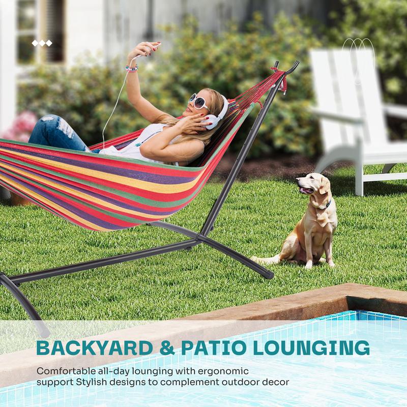 Double Hammock with Space Saving Steel Stand Heavy Duty 2 Person Standing Hammocks 450lb Capacity for Outside Garden Yard with Portable Carrying Bag