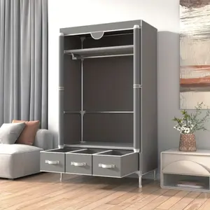 Portable Clothes Closet Rolling Door Wardrobe with Hanging Rack Non-Woven Fabric Storage Organizer with Three Drawer Boxes No-Tool Assembly - 67in*35.4in*17.7in(Gray)