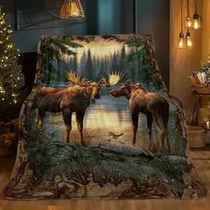 Moose Forest Blanket - Lightweight All-Season Soft Warm Bedspread/Throw Plush Flannel-like Texture Moose Couple Design - Easy Care Decorative Bedding with Digital Printed ,Enchanting Moose & Forest Theme for Cozy Comfort