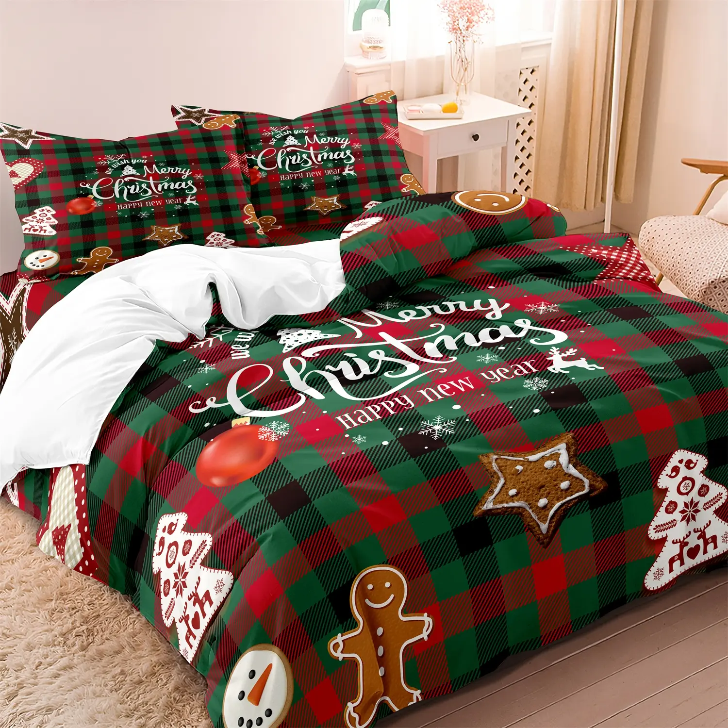 3pcs Christmas Decorative Duvet Cover Set, Theme Bedding Set - Festive Reindeer, Tree & Gingerbread Designs - Soft Polyester Bedding for All Seasons - Includes 1 Duvet Cover and 2 Pillowcases (No Insert) - Perfect for Home Holiday Decor
