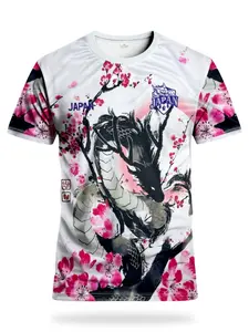 Japanese Men's Football Sports Shirt, Dragon Print, Japan Logo, Calligraphy Style, Cherry Blossom Pattern, Short Sleeve, All Seasons, Sports Top