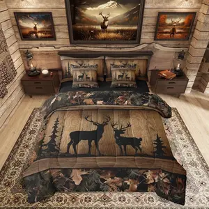 Rustic Cabin Bedding Sets 7 Piece Camo Hunting Deer Comforter Set King Farmhouse Woodland Animal Bed in A Bag for Kids Boys Teen Men,Tree Camouflage Wildlife Sheet Set with Comforter