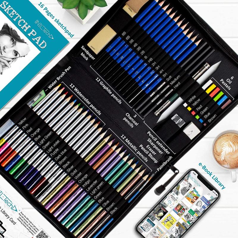 NIL-Tech 55-Piece Premium Drawing & Coloring Art Kit - Charcoal andGraphite Pencils, Watercolor Pencils with Water Brush, Travel Sketchbook, Digital Tutorial Library