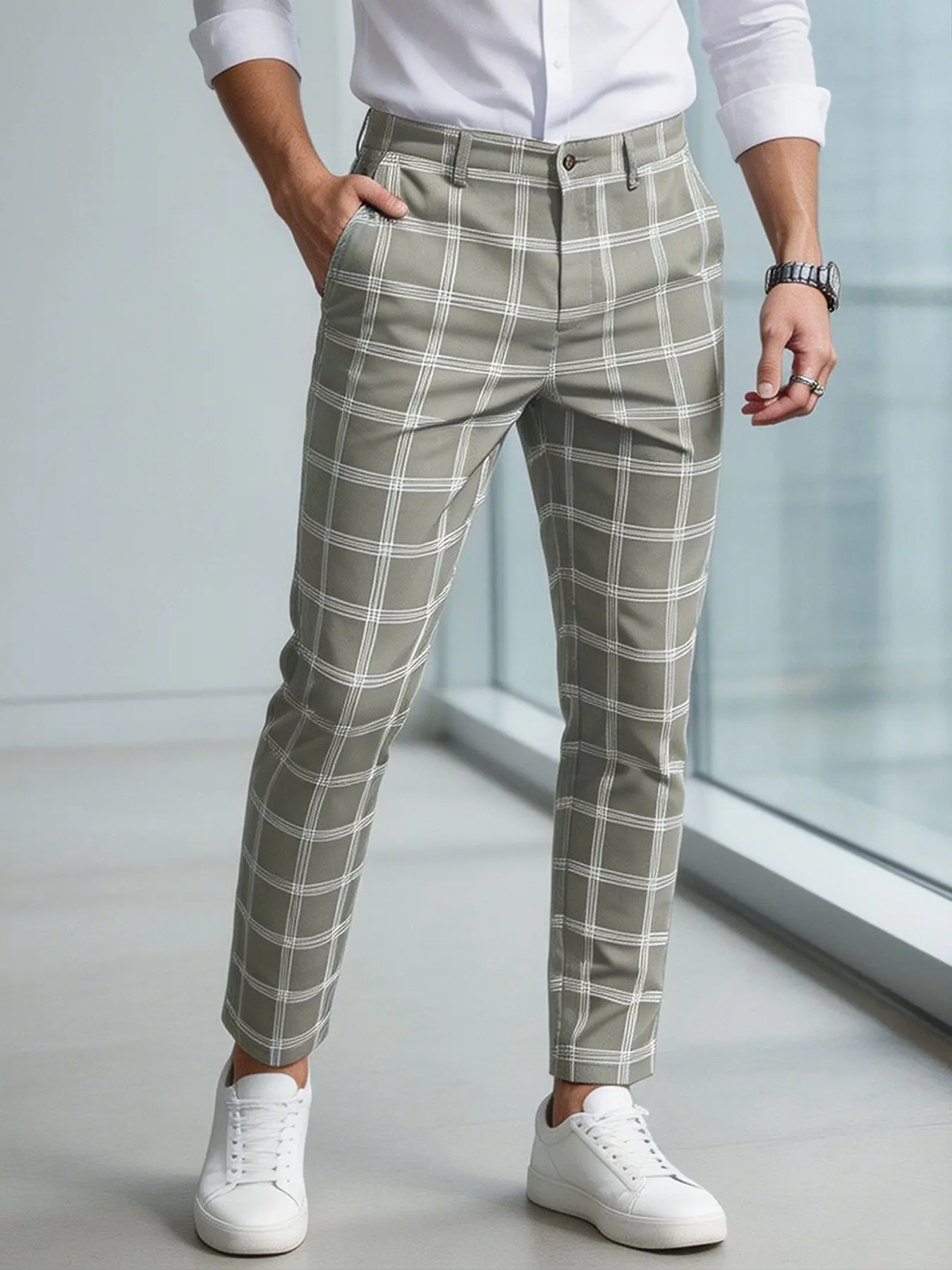 Men's Plaid Checked Suit Pants, Business Casual Slim-Fitting Long Pants, Versatile Office Wear, All-Season Fashionable Trousers, Casual Slacks, Classic Casual