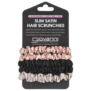 Giovanni Slim Satin Hair Scrunchies, Blush, Black, Gray,  5 Scrunchies