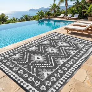 Gaomon 8x10 Gray White Waterproof Outdoor Plastic Straw Mat - Reversible Patio Carpet, Stain-Resistant Portable Outdoor Rug for RV Camping, Porch Deck