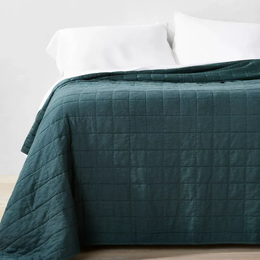 Full/Queen Heavyweight Linen Blend Quilt Dark Teal Blue - Casaluna: Woven Rayon & Cotton OEKO-TEX Certified