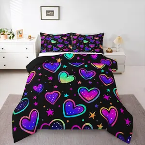Neon Hearts Comforter Set,Rainbow Love Heart Bedding Set,Girls,Psychedelic Galaxy Insert Gradient Glowing Stars,Black Girly Quilted Duvet