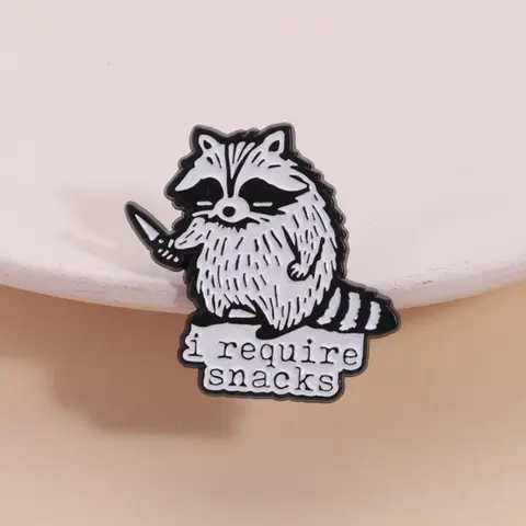 Cartoon Badge Dark Food Lover Creative Fun Cute Snacky Raccoon Pin Brooch Bear Holding Knifewith Snack Slogan, Humorous Self-Parody Expression for Snack Lovers, Alloy Brooch Pin