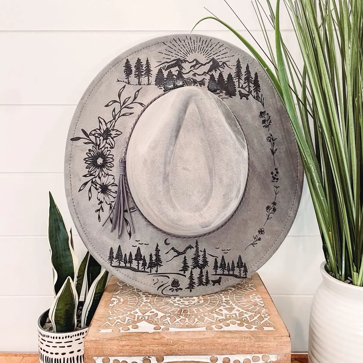 Cowgirl Motif Burned & Hand-Painted Western Boho Hat | Artisan Piece Custom Tooled and Hand Burned Western Hat with Let Them on  main image 2