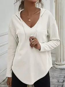 Women's Fall Winter Christmas Waffle Knit Hoodie, Casual Comfort Style, V Neck, Hooded Design, Irregular Hem, Perfect for Daily