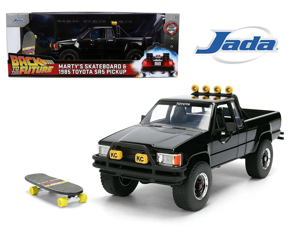 Back to the Future 1985 Toyota SR5 Pickup Truck with Skateboard - 1:24 Hollywood Rides Diecast Model with Opening Doors and Hood - Black