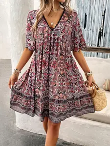 Women's Paisley Print Contrast Lace Butterfly Sleeve Smock Dress, Boho Casual Wear Fashion Bohemian V Neck Short Sleeve Short Dress for Summer, Casual Summer Clothing Ladies Clothes for Beach Holiday Vacation