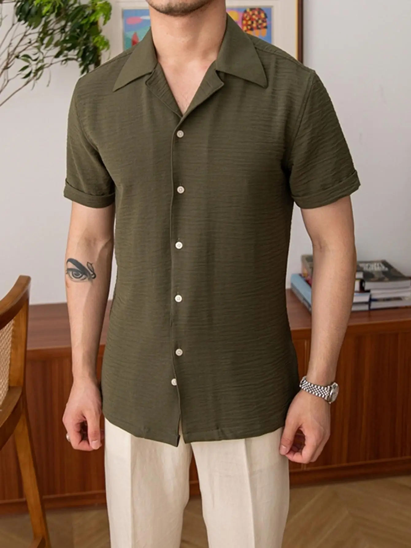 Men's Collar Button Front Short Sleeve Shirt, Summer Clothes, Solid Color Regular Sleeve Shirts, Summer Casual Plain Woven Top for Men